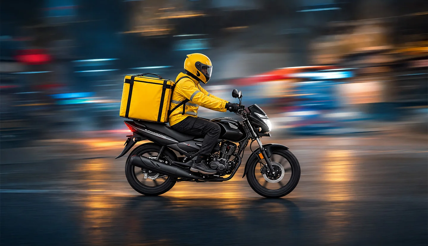 A delivery rider in a yellow jacket speeding through the city at night