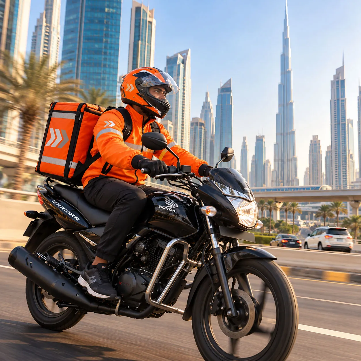 An NSD rider on a Honda Unicorn heading out on the road in Dubai