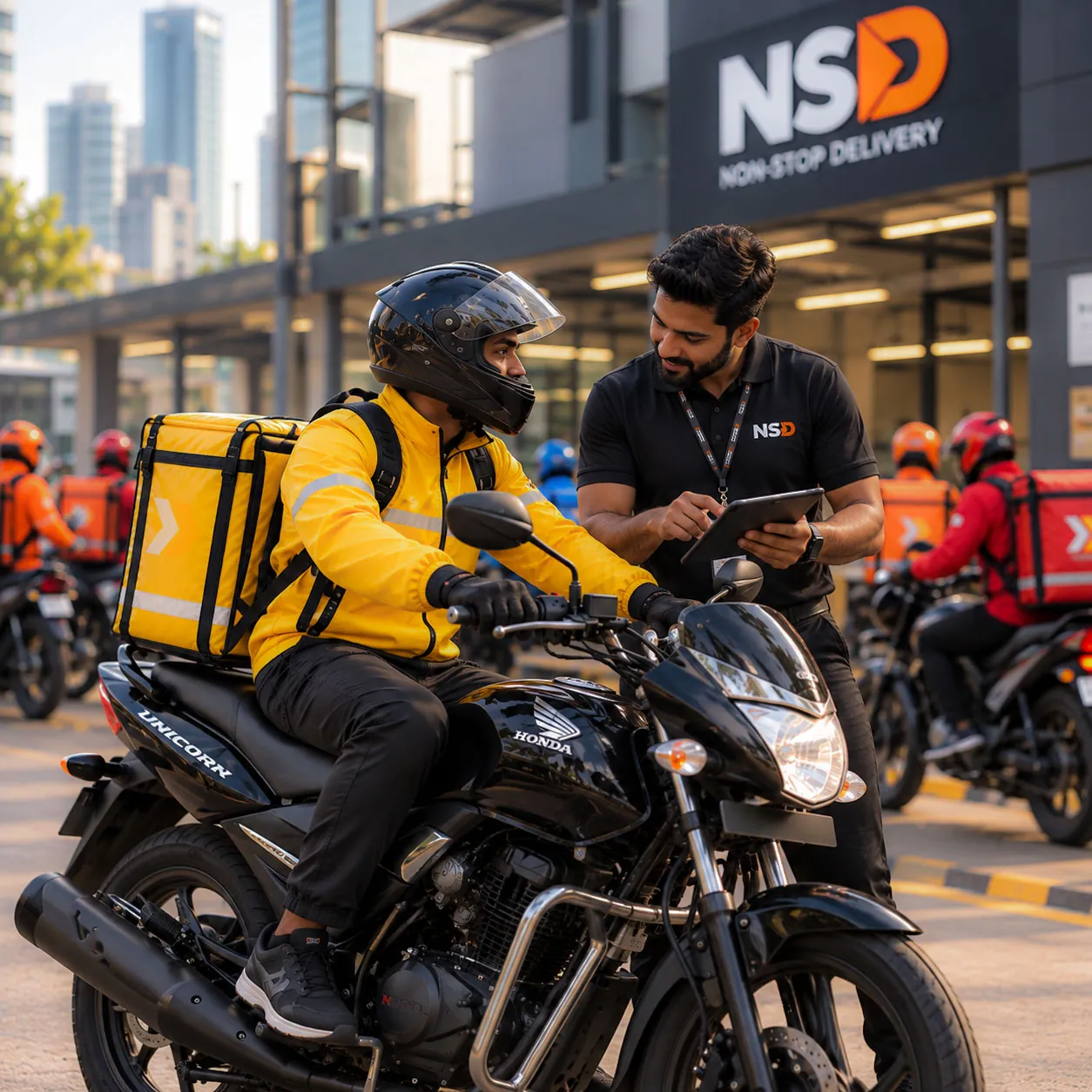 An NSD supervisor checking a rider and his Honda Unicorn before the shift