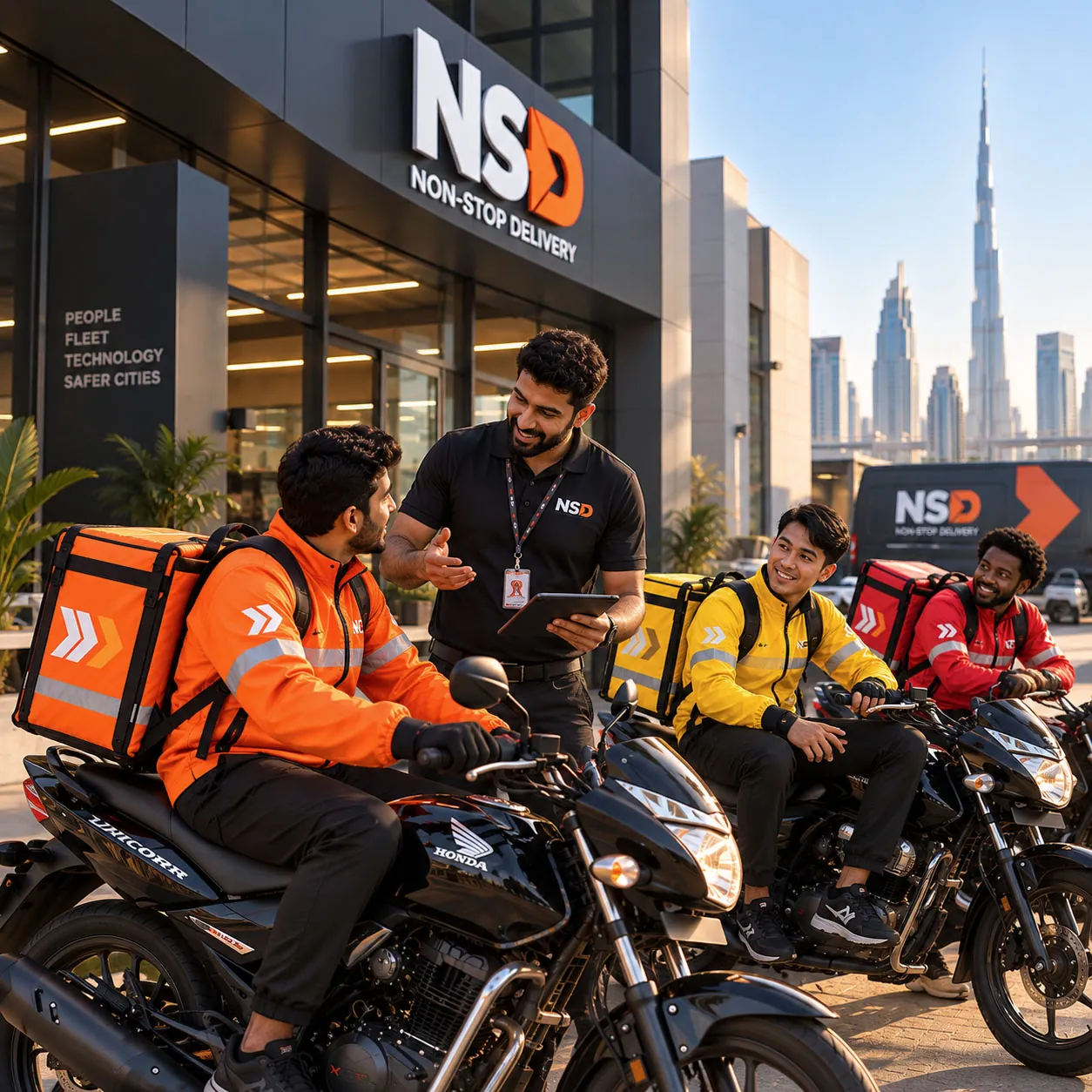 An NSD supervisor reviewing performance with riders outside the NSD hub