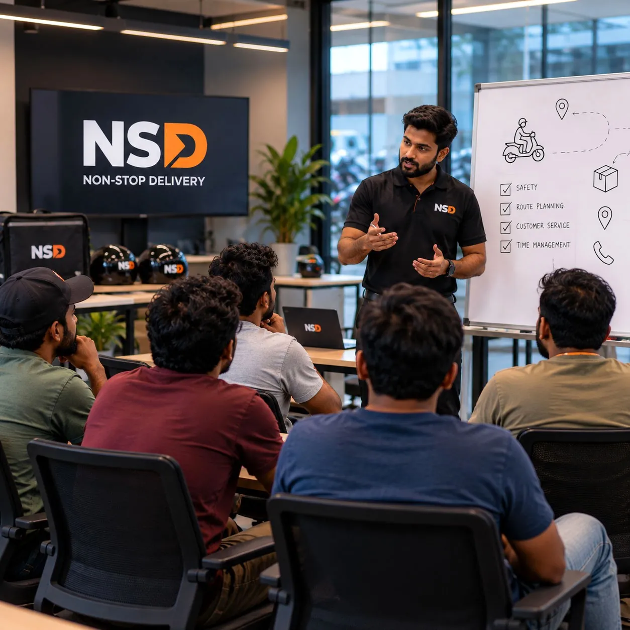An NSD trainer leading a rider training session on safety, routes and customer service